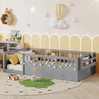 Mirightone Twin Size Floor Bed with High Rails, Solid Wood Montessori Bed with Lights & Storage Shelf for Baby,Kids Bed Frame for Girls, Boys, Floor Bed Frame Without Slats,Grey