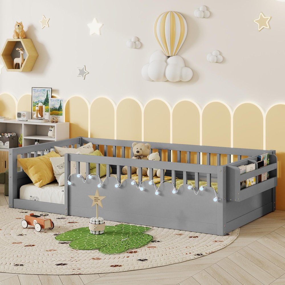 Mirightone Twin Size Floor Bed with High Rails, Solid Wood Montessori Bed with Lights & Storage Shelf for Baby,Kids Bed Frame for Girls, Boys, Floor Bed Frame Without Slats,Grey