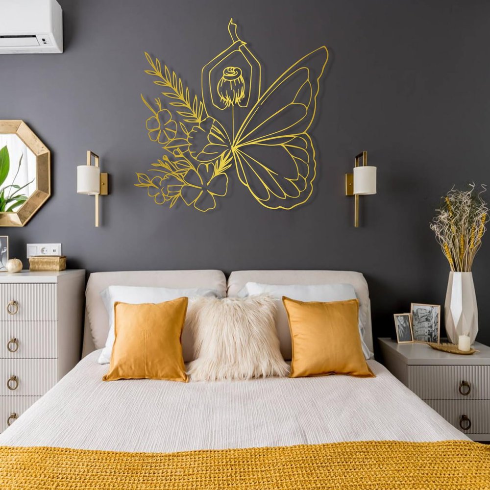 Butterfly Woman Metal Wall Decor - Minimalist Line Art, Abstract Woman Silhouette for Living Room, Office, Bathroom (Gold-2, 19"x19"/47x47 cm)
