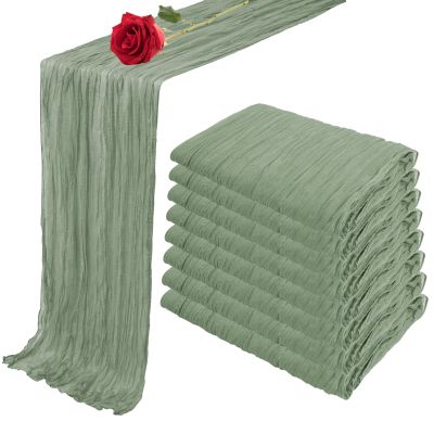 8 Pack 10 Ft Sage Green Cheesecloth Table Runner 35 x 120 Inch Gauze Rustic Christmas Table Runner, Romantic Sheer Boho Cheese Cloth Table Runners for Wedding Bridal Shower Party Decoration 