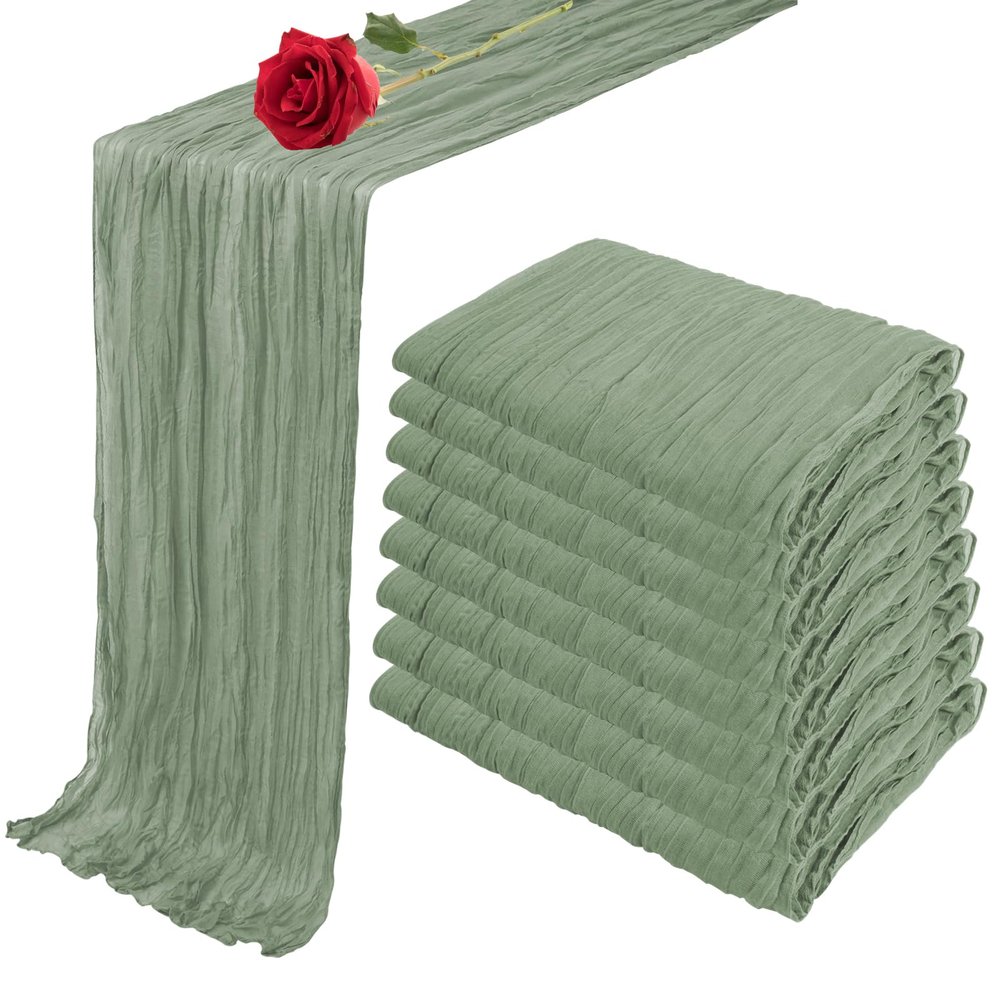 8 Pack 10 Ft Sage Green Cheesecloth Table Runner 35 x 120 Inch Gauze Rustic Christmas Table Runner, Romantic Sheer Boho Cheese Cloth Table Runners for Wedding Bridal Shower Party Decoration