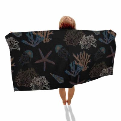 Black Coastal Coral Beach Towels Oversized Super Absorbent,Lightweight Bath Towel Quick Dry Sets For Bathroom/Pool/Rv Camping/Beach Play/Gym Room Abstract Minimalist Ocean Starfish Conch 31"x62"