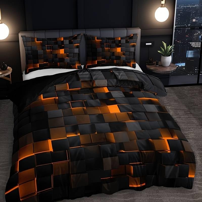 3 Piece Duvet Cover Set, Red Grid Print Bedding, Soft Comforter Cover with 2 Pillowcases, for Bedroom, Guest Room (Yellow, 103.94"*"90.16"(in))