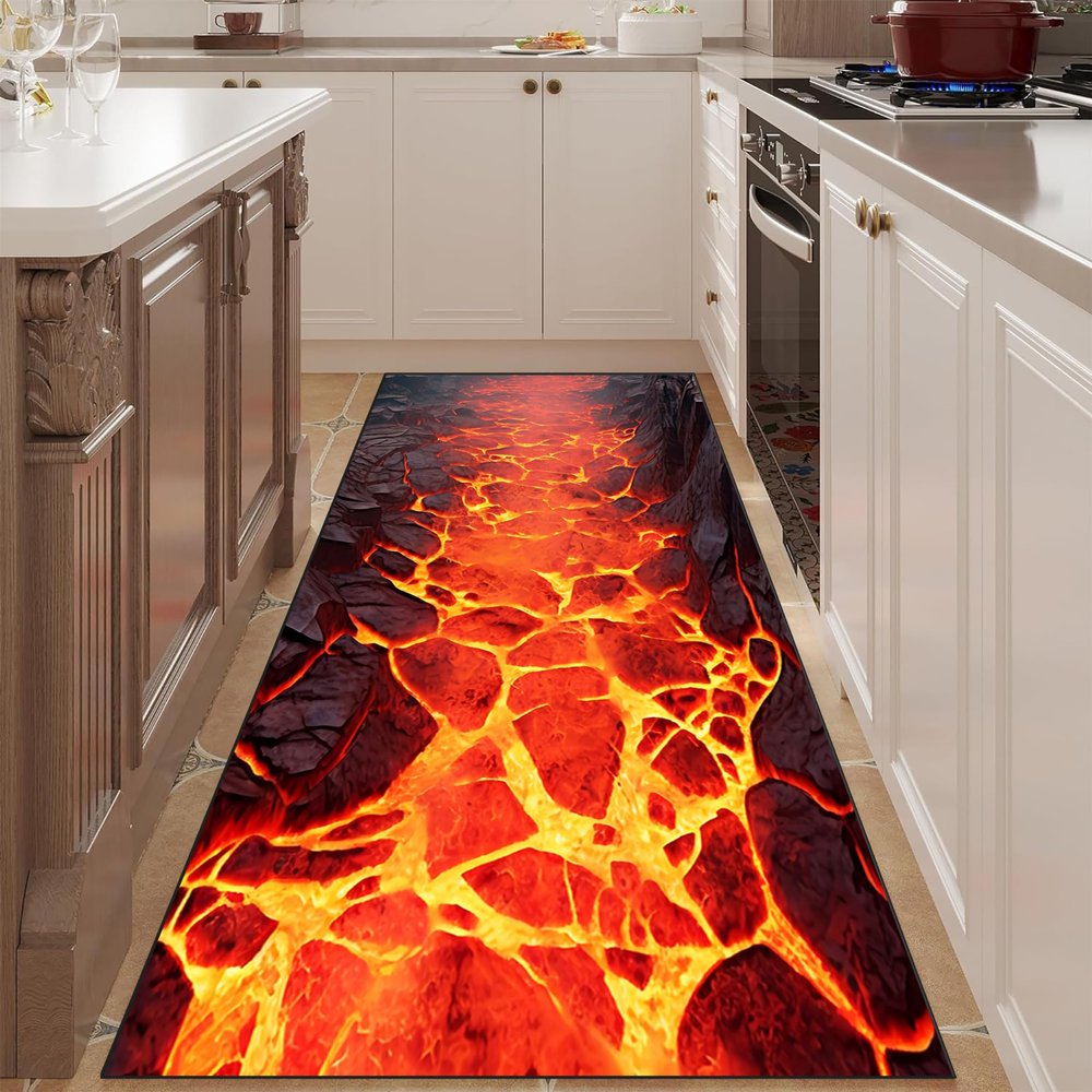 3D Illusion Flame Hallway Rug, Red Flame Lava Rug, Black Abstract Obsidian Blazing Mist Lava Crackle Printed Non-Slip Rug, Lava Floor Rug, Kids Room Playroom Living Room Home Decor Rugs 4x8ft