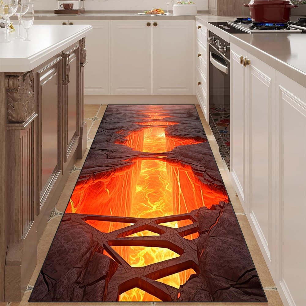 Sjwaizj Hot Volcanic Cave Red Pattern Soft Rug, Non-Slip Entrance Runner, Lava Themed Party Decor, Kids Room Rug 3.3x12ft