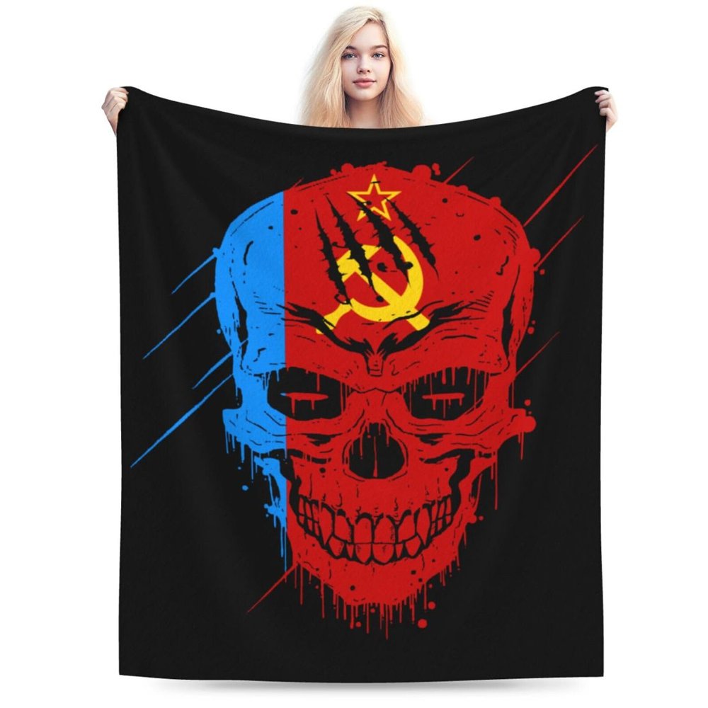 Creative Russian Soviet Federative Socialist Republic Patriot Skull National Flag Throw Blanket for Men Women Couch Bed Sofa Throw Blanket 40"x30" Blankets