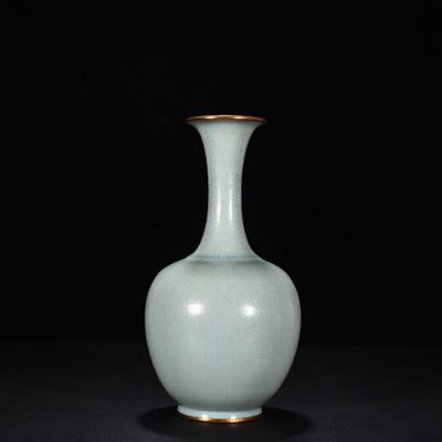 GLW FengShui 11.0" China Antique Song Dynasty ru kiln Porcelain Sky Cyan Glaze gem Inlay vase