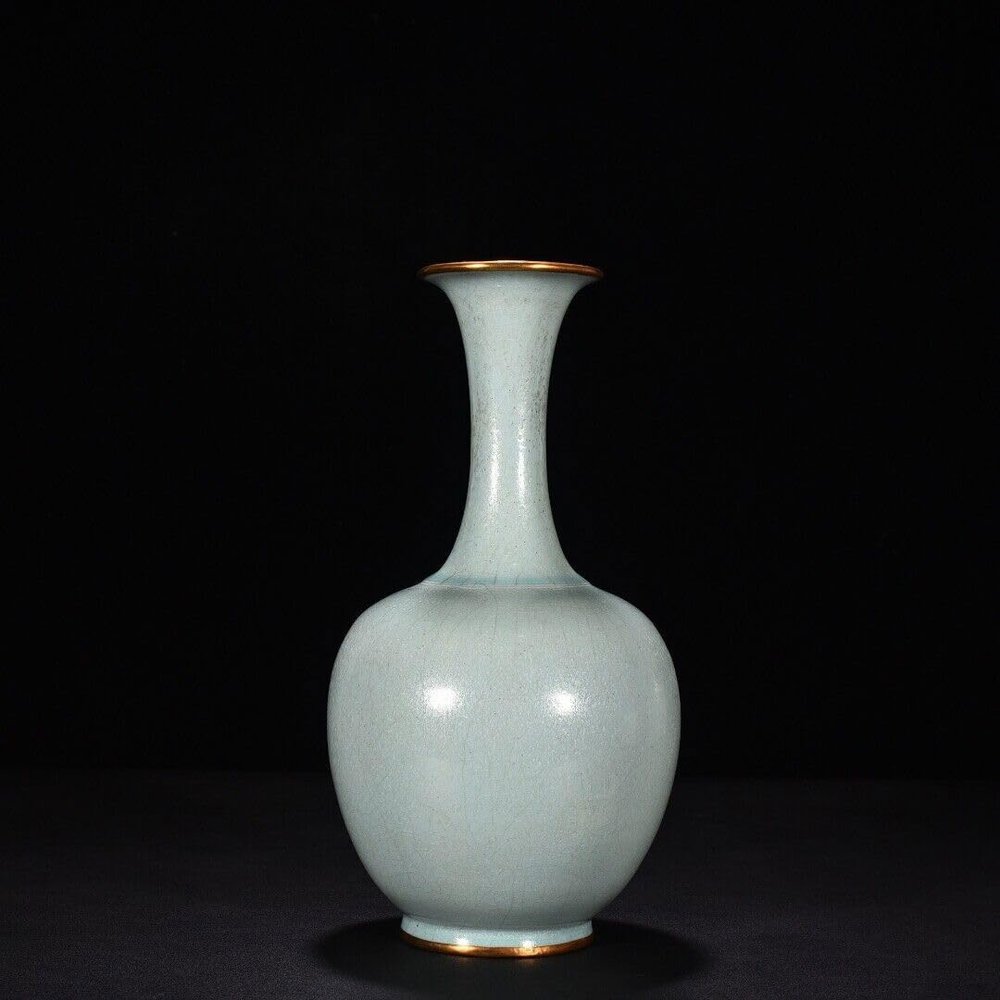 GLW FengShui 11.0" China Antique Song Dynasty ru kiln Porcelain Sky Cyan Glaze gem Inlay vase