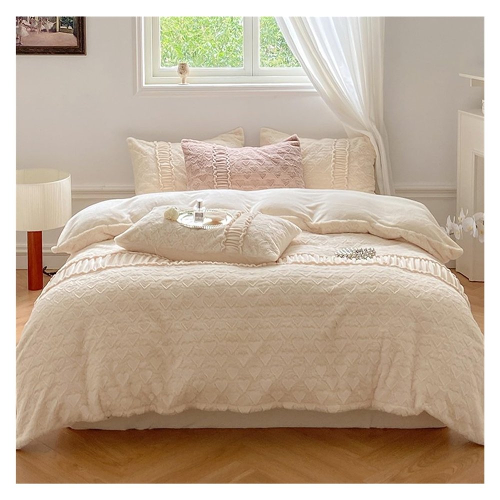 Bed Sheet Set Bedding Sheet Set Milk Velvet Four Piece Set Warm Fluffy Bedding Set Plush Quilt Cover Set Simple Soft Set Bedding Set Sheet Sets(Color:Wit,Size:Queen Size)