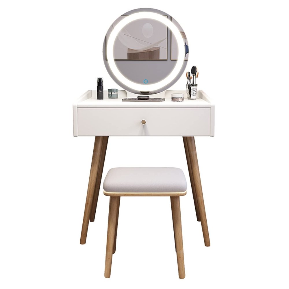 SABALON Makeup Table Vanity Makeup Desk with Sliding Mirror and Stool Dressing Table Cosmetic Table with 1 Drawer for Bedroom - White Vanity Desk(Color:A)