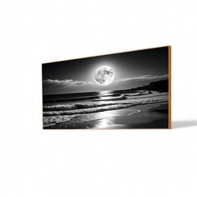 Black and White Modern Wall Art,Night Sky Art,Moon and Ocean Landscape,Canvas Art Print, Black and White Pictures for Living Room,Bedroom,Dining Room,Entryway,Large Framed Ready to Hang (Gold Frame, 48" L x 27" W)