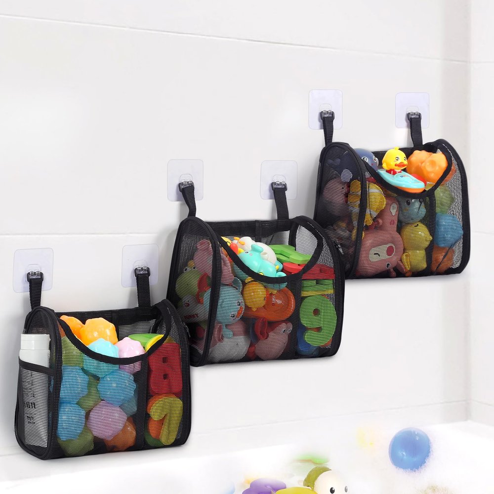 DOCMON Bathtub Toy Storage, 6 Compartments Detachable Bath Toy Holder for Bathtub, Large Bath Toy Organizer, Quickly Dry Bath Toy Net Basket, Mesh Shower Caddy for Sorting Toys Toiletry - Black