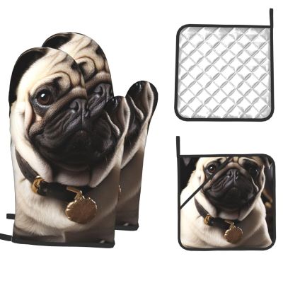 Oven Mitts and Pot Holders 4 pcs Heat Resistant Oven Glove Cool Pug Dog Oven Mitt Non-Slip Oven Gloves for Cooking Kitchen Hot Pads for Grilling Microwave Baking BBQ