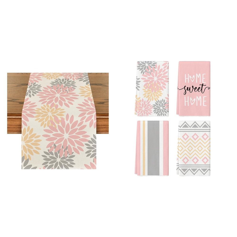Artoid Mode Pink Stripes Home Sweet Home Boho Dish Towels 18 x26 Inch 4 pcs and Table Runner 13x72 Inch