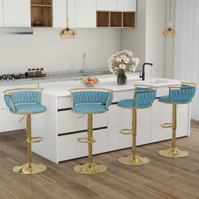 DREAMSIDEA Velvet Swivel Bar Stools, Adjustable Counter Height Bar Chairs with Low Back & Footrest, Modern Gold Bar Stools for Kitchen Island, Bar PubLight Blue, Set of 4