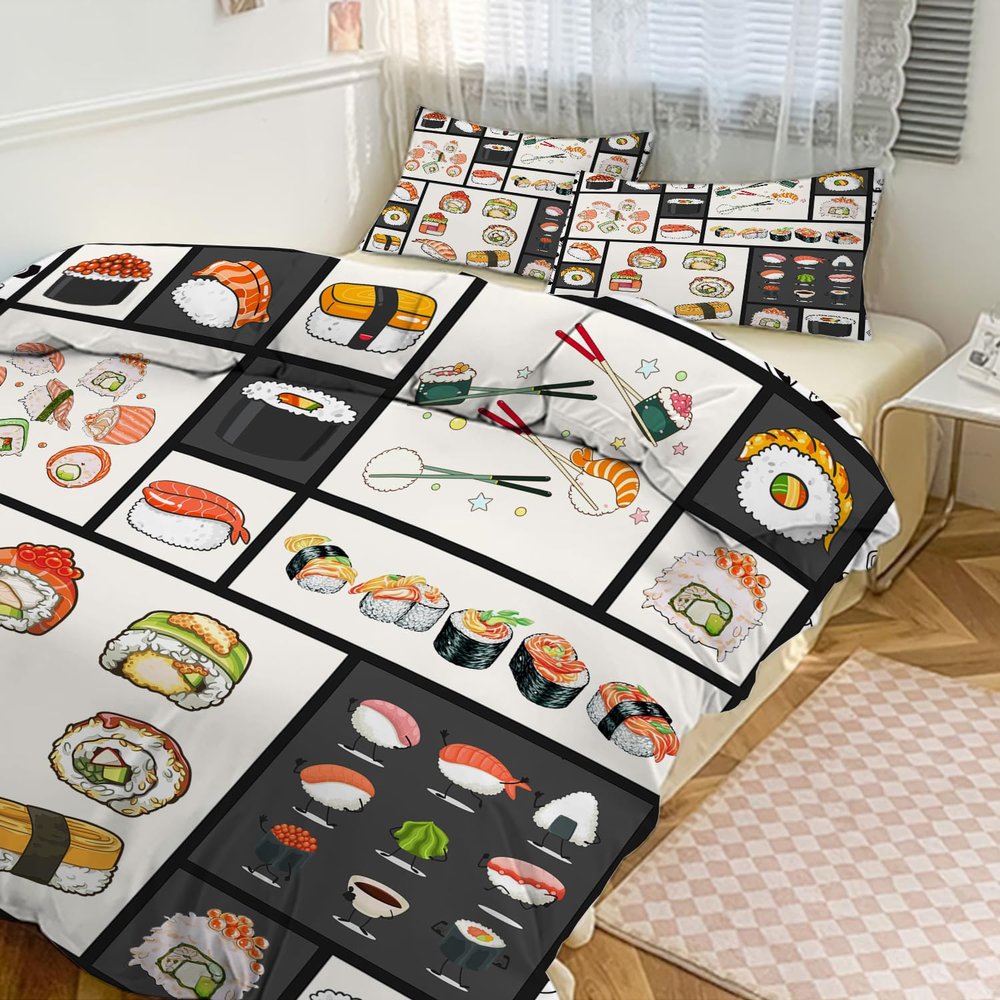 MSSHUKYTT Modern Cartoon Japan Sushi Duvet Cover Set Twin Size,Abstract Japanese Anime Traditional Food Sushi Theme Bedding Sets 3 Pieces(1 Duvet Cover+2 Pillow Sham)