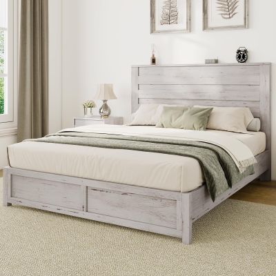 Albott Full Size Farmhouse Bed Frame with 49" Headboard, Platform Bed Frame with Wood Slats Support/No Box Spring Needed/Easy Assembly, Distressed White