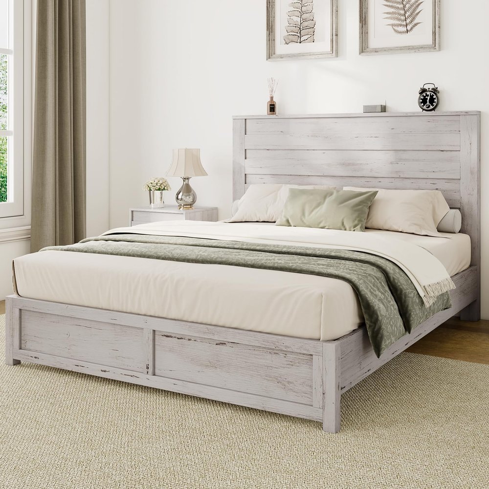 Albott Full Size Farmhouse Bed Frame with 49" Headboard, Platform Bed Frame with Wood Slats Support/No Box Spring Needed/Easy Assembly, Distressed White