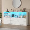 Gyfimoie White Dresser for Bedroom with 6 Drawers, Chest of Drawers with Led Lights&Charging Station, 63" Long Dresser with 7 Open Cubbies, Storage Drawers for Living Room, Closet, Hallway (White) view 1