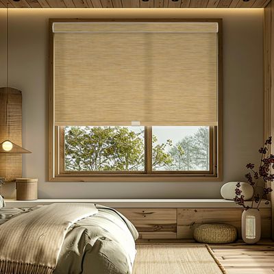 HOTSOON Light Filtering Wood Texture Roller Shades for Windows, Imitation Bamboo Fabric Cordless Roller Blinds, UV Protection Easy to Install Window Shades for Home, Door, Light Beige, 70.5"W x 56"H