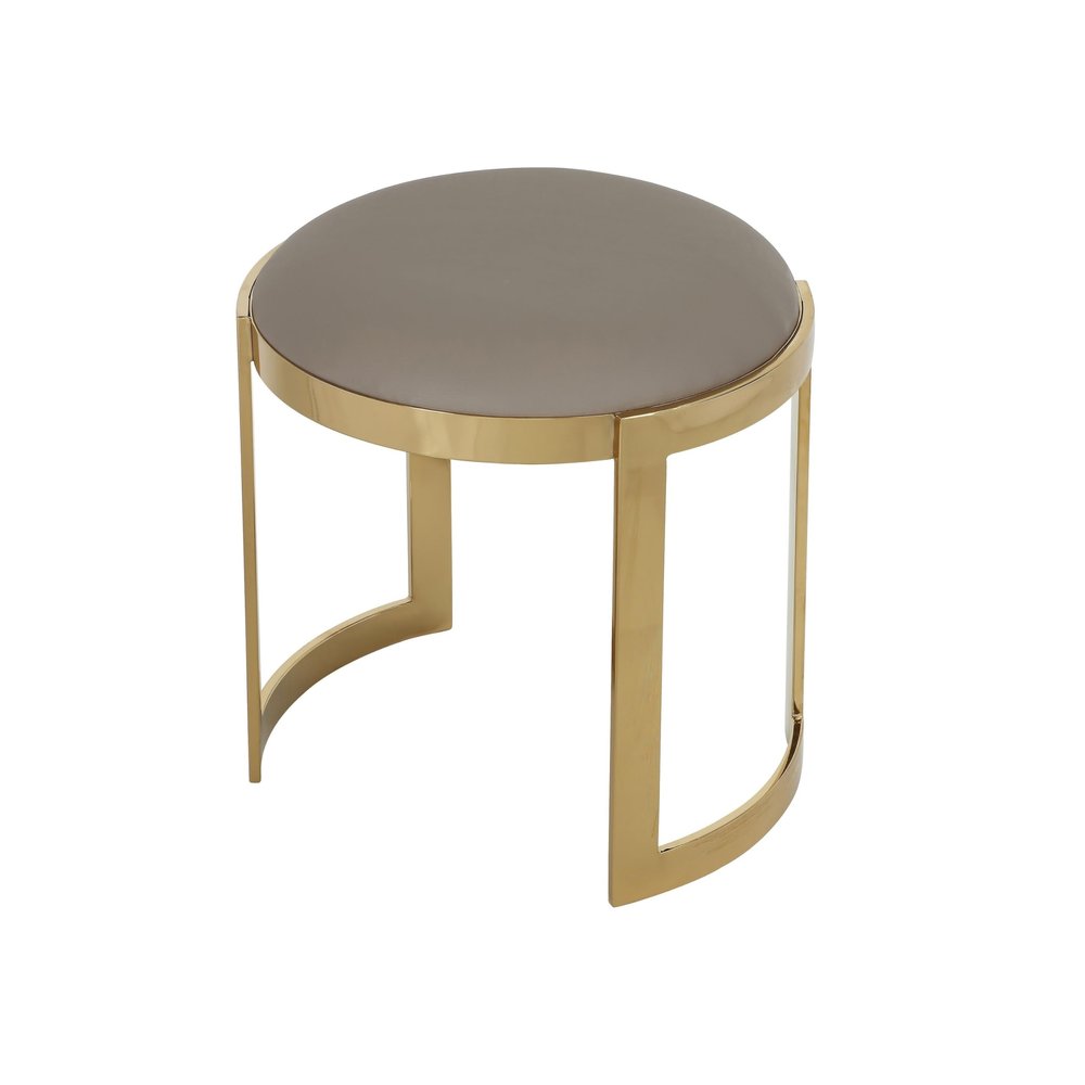 Benjara Niyo 19" Ottoman Stool- Round S& Faux Leather- Stainless Steel- Gold