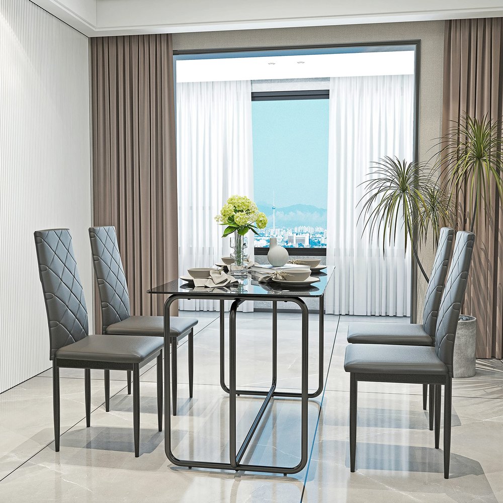 5 Pcs Rectangle Dining Table Set with Metal e, Tempered Glass Dining Table for Kitchen Room, Black