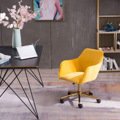 Generic Modern Velvet Fabric Material Adjustable Height 360 Revolving Home Office Chair with Gold Metal Legs and Universal Wheels for Indoor,Yellow