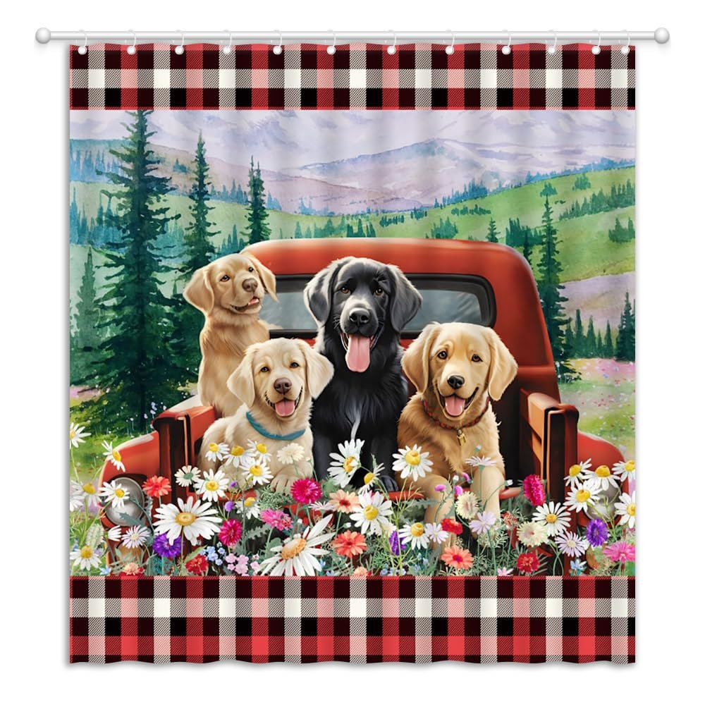 JEJOMEAG Dog Shower Curtain Cute Farmhouse Animals Retro Red Truck Rustic Daisy Floral Spring Country Fabric Bathroom Curtain with Hooks, 67x70 Inch