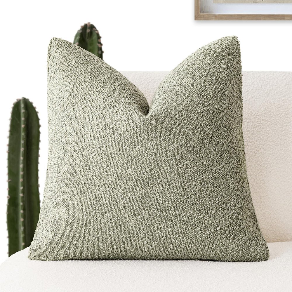 Foindtower Decorative Textured Boucle Throw Pillow Covers Accent Solid Pillow Cases Neutral Soft Cozy Couch Cushion Case for Chair Sofa Bedroom Living Room Home Decor 18x18 Inch,1PC,Dirty Sage Green