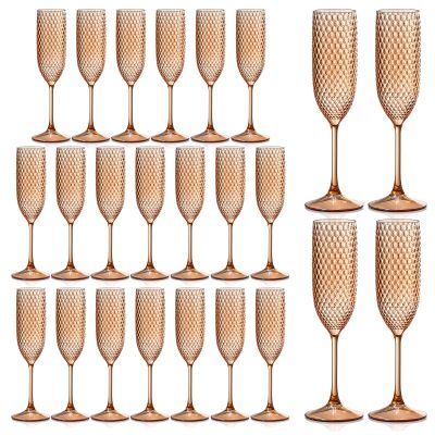 24 Pack Plastic Champagne Flutes Rose gold Champagne Glasses Unbreakable Wedding Toasting Glasses Diamond Wine Glasses Crystal Clear Party Wine Cups Vintage Drinking Glasses 5.5 OZ for Bridal Shower
