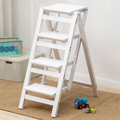 Folding Solid Wood Step Ladder, 2/3/4 Step Portable Wooden Step Stool, Multi-Functional Lightweight Step Ladder Shelf for Kitchen Household Library Ffice,4 Layer,White