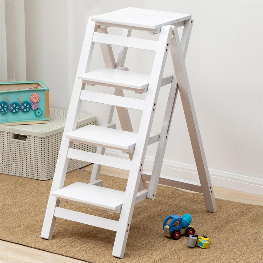Folding Solid Wood Step Ladder, 2/3/4 Step Portable Wooden Step Stool, Multi-Functional Lightweight Step Ladder Shelf for Kitchen Household Library Ffice,4 Layer,White