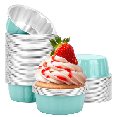 Beasea 8oz Aluminum Ramekins, 100 Pack 3.9" Mini Disposable Baking Foil Cups Ramekin Cup Cupcake Aluminum Baking Cups for Party - Lake Blue