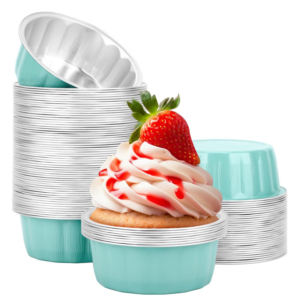 Beasea 8oz Aluminum Ramekins, 100 Pack 3.9" Mini Disposable Baking Foil Cups Ramekin Cup Cupcake Aluminum Baking Cups for Party - Lake Blue