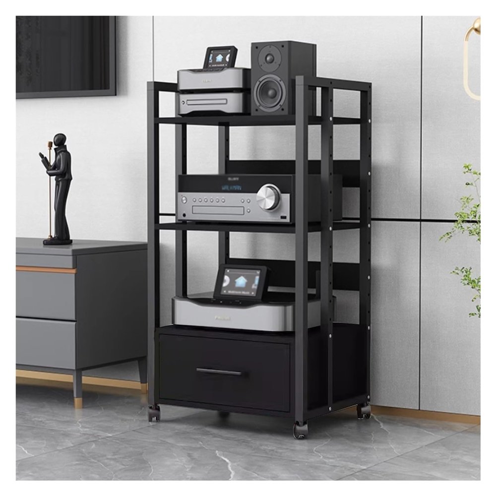 2 3 4-Tier Stereo Cabinet with Drawers, Steel Freestanding Audio/Video Stand with Height-Adjustable Shelves, Corner Entertainment Rack Organizer for Living Room/Bedroom/Office(Style B,3 Tier 100cm/39.