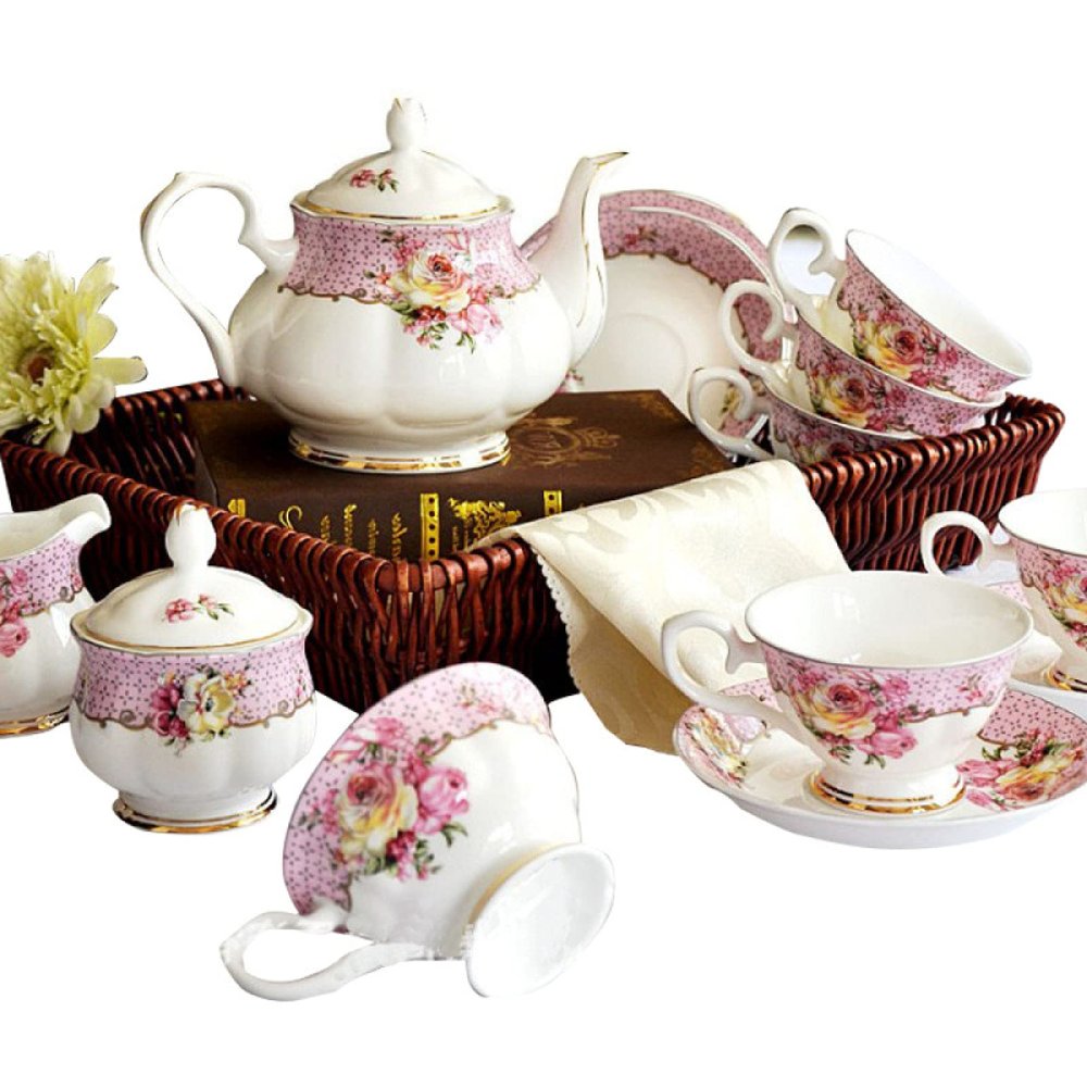 DYKKLKQ Porcelain Tea Set Tea Cup and Saucer Set, Coffee Service for 6, Wedding Teapot Sugar Bowl Cream Pitcher, China Coffee Set,A
