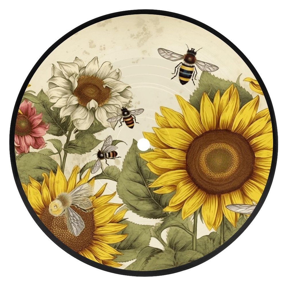 Record Coasters for Drinks CD Coasters Bees Sunflowers Daisy Rose Flowers Round Coasters Absorbent Cup Mat Anti-Slip Drink Coasters Heat Resistant Vinyl Disk Coasters for Bar Party Home Decoration