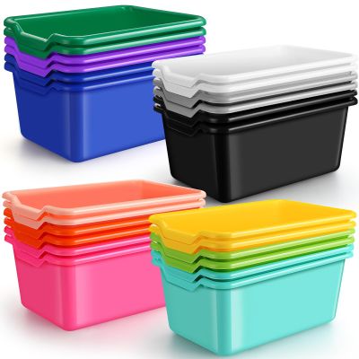 Dandat 24 Pcs Classroom Book Bins Stackable Cubby Storage Bins with Handles Plastic Toy Book Storage Baskets for Teacher Organizer Daycare Preschool Library (Bright Color)