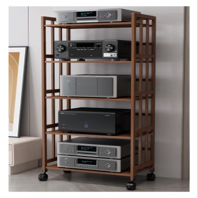 LZMZMQ Home Stereo Racks and Stands on Wheels, Mobile Bamboo Audio Amplifier Media Cabinet 2 3 4 5 Layer Adjustable Height, Living Room/Bedroom/Farmhouse Standing AV Media Shelf(Brown,L 70cm/H 5Tier)