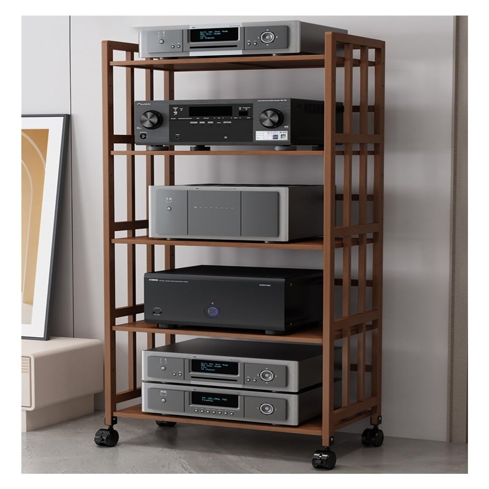 LZMZMQ Home Stereo Racks and Stands on Wheels, Mobile Bamboo Audio Amplifier Media Cabinet 2 3 4 5 Layer Adjustable Height, Living Room/Bedroom/Farmhouse Standing AV Media Shelf(Brown,L 70cm/H 5Tier)