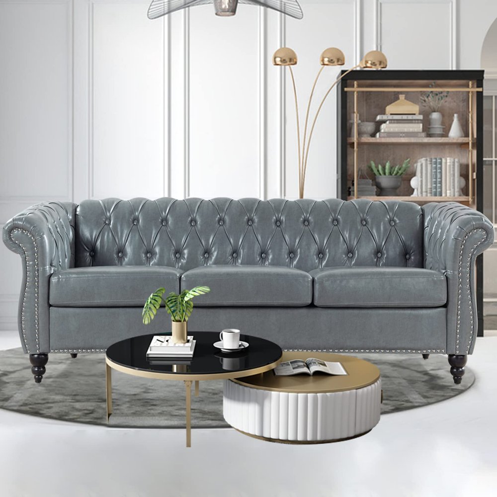 TINGMAMADEHUA Grey Faux Leather 3-Seater Couch, 84in Sofas for Living Room, Bedroom, Office, with Rolled Arm, Deep Seating and Buttoned Classic Chesterfield Sofa