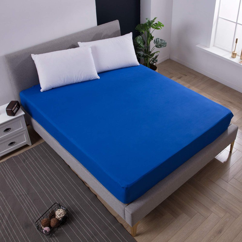 KECAPTY Deep Pockets Easy Fit,Kids Bedroom Solid Color Brushed Waterproof Bed Sheet, Elderly Children's Room Urine-Proof Mattress Topper,Blue,Queen 60X80+18in