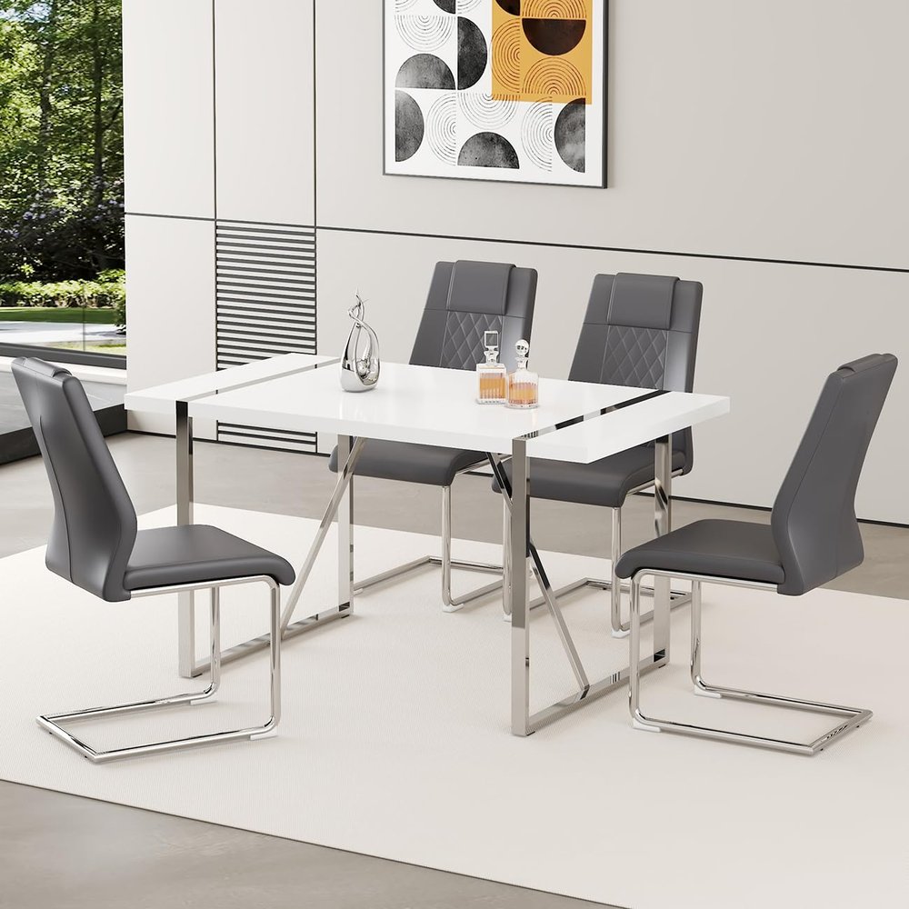 55 Modern Dining Table Set for 4, White Dining Tabletop and Silver Metal Frame, Rectangle Dining Room Table with 4 Dark Grey Upholstered Dining Chairs. Dinner table Set for Kitchen and Dining Room.
