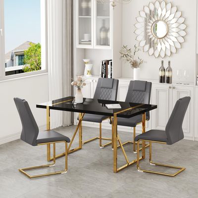 55 Modern Dining Table Set for 4, Black Dining Tabletop and Golden Metal Frame, Rectangle Dining Room Table with 4 Dark Grey Upholstered Dining Chairs. Dinner table Set for Kitchen and Dining Room.
