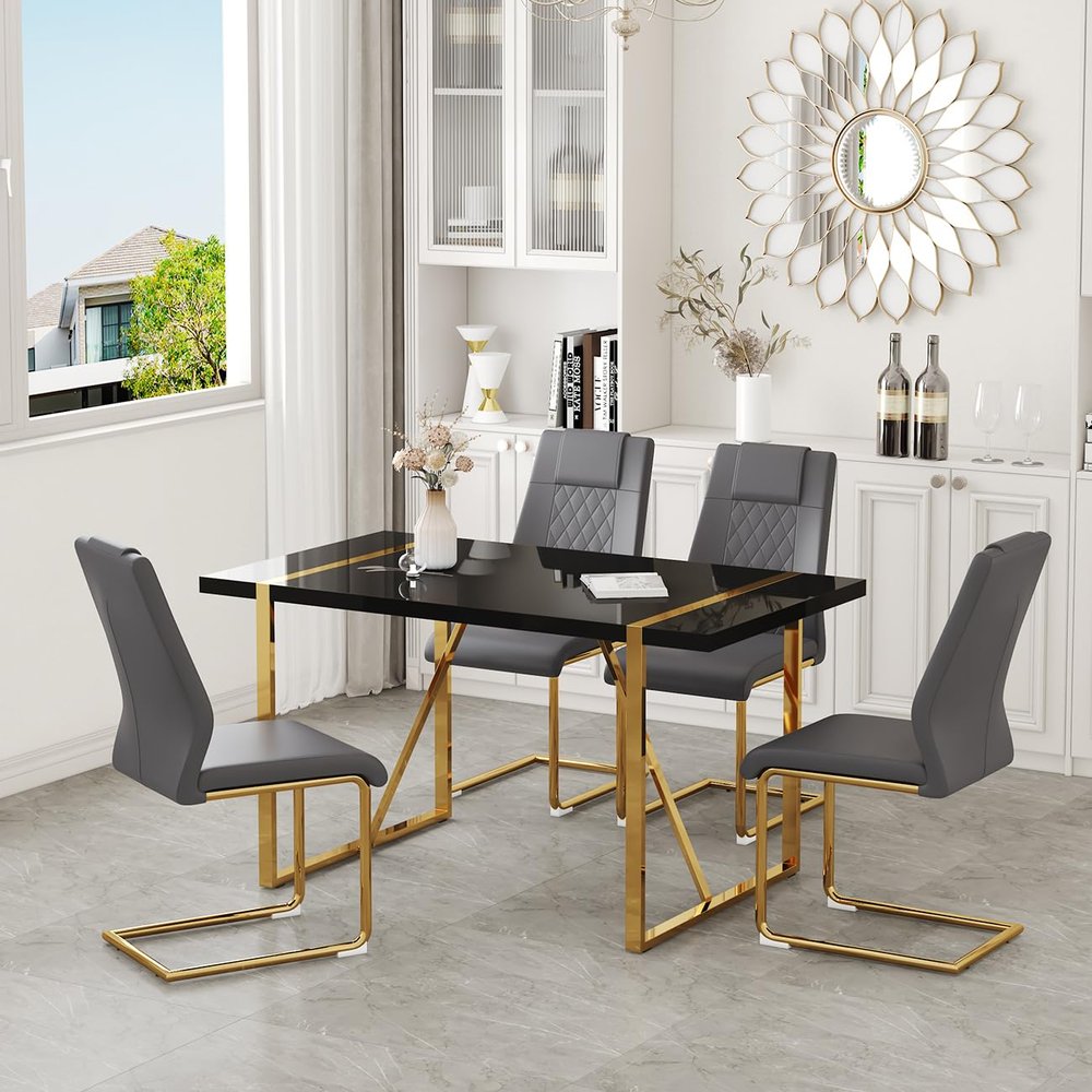 55 Modern Dining Table Set for 4, Black Dining Tabletop and Golden Metal Frame, Rectangle Dining Room Table with 4 Dark Grey Upholstered Dining Chairs. Dinner table Set for Kitchen and Dining Room.