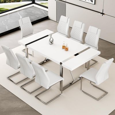 71 Modern Dining Table Set for 8, White Dining Tabletop and Silver Metal Frame, Rectangle Dining Room Table with 8 White Upholstered Dining Chairs. Dinner table Set for Kitchen and Dining Room.