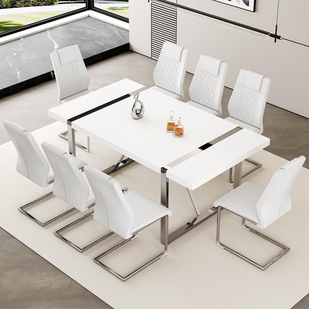 71 Modern Dining Table Set for 8, White Dining Tabletop and Silver Metal Frame, Rectangle Dining Room Table with 8 White Upholstered Dining Chairs. Dinner table Set for Kitchen and Dining Room.
