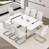 71 Modern Dining Table Set for 8, White Dining Tabletop and Silver Metal Frame, Rectangle Dining Room Table with 8 White Upholstered Dining Chairs. Dinner table Set for Kitchen and Dining Room. view 1