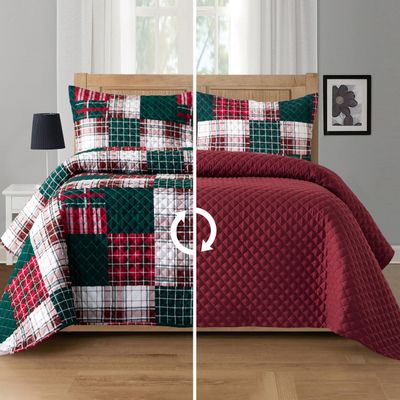 Elegant Comfort 3-Piece Plaid Patchwork Reversible Quilt - Soft Bedspread with Matching Pillow Shams, Heavy Weight Premium Stitching All Season Quilted Coverlet - California King, Burgundy