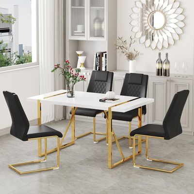 55 Modern Dining Table Set for 4, White Dining Tabletop and Golden Metal Frame, Rectangle Dining Room Table with 4 Black Upholstered Dining Chairs. Dinner table Set for Kitchen and Dining Room.